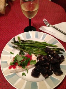Poached Halibut, Roasted Purple Potatoes and Asparagus